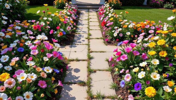 a narrow path where symmetrical flower borders meet in a v shaped pattern around corners. photo