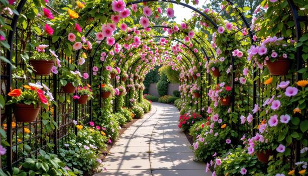 a looping walkway surrounded by flower boxes attached to trellises, with cascading blossoms forming vertical walls. photo