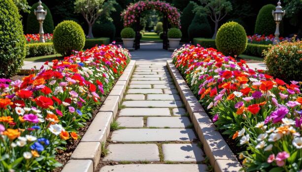 a polished stone walkway between flower beds planted in symmetrical mirrored patterns. photo