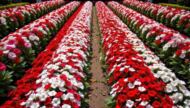 a symmetrical garden with mirrored floral patterns of chrysanthemums and phlox in alternating rows of red and white. photo