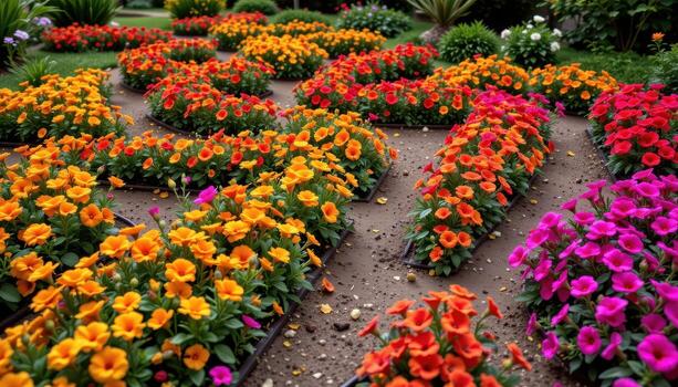 un jardín lleno con geométrico flor camas arreglado en repitiendo triangular patrones, plantado con brillante petunias y caléndulas foto