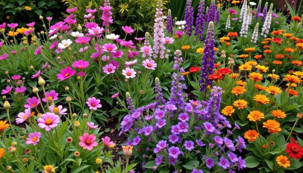 a rustic flower patch with mixed height planting, where cosmos and lupines grow beside creeping zinnias. photo