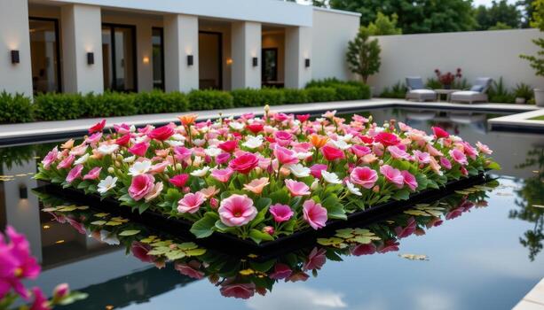 a floating flower bed built into a reflecting pool with blooms anchored to hidden structures. photo