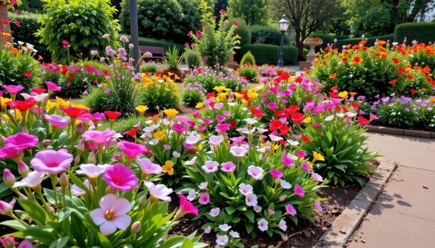 a botanical garden with various flower species planted in thematic sections, including a section with exotic tropical blooms and another with fragrant herbs and flowering shrubs. photo