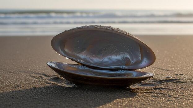 An open shell on the beach with waves in the background photo