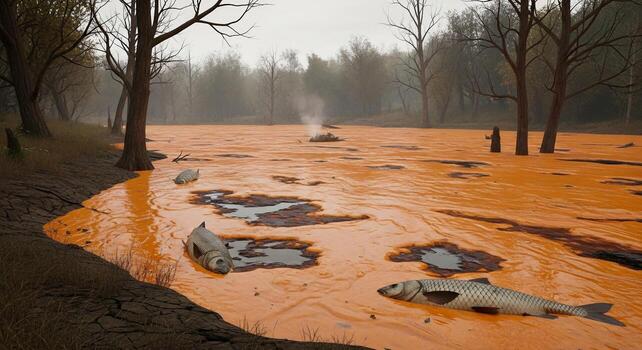 A river with fish floating in it and trees in the background photo