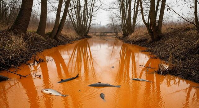 Fish floating in an orange river photo