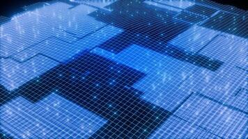 abstrakt digital teknologi bakgrund. neon blå rutnät och trådram. stor data Vinka animering med data flöde. trogen information estetik. företag digital. video