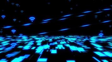trogen blå lysande Wi-Fi ikoner flytande i cyberrymden över en digital data rutnät. detta avancerad abstrakt illustration representerar trådlös internet anslutning, smart teknologi. video