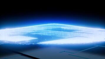 abstrakt digital teknologi bakgrund. neon blå rutnät och trådram. stor data Vinka animering med data flöde. trogen information. företag digital. video