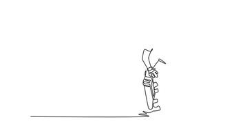 animado yo dibujo continuo línea dibujar masculino Grillo jugador vistiendo protector engranaje en guata posición en el verde campo. sano aptitud rutina de ejercicio o enfocado jugador. lleno longitud uno línea animación video