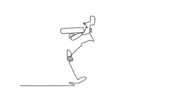 animado yo dibujo continuo línea dibujar activo Grillo bateador en acción en profesional Grillo estadio. sano aptitud rutina de ejercicio o enfocado jugador jugando divertido juego. lleno longitud uno línea animación video