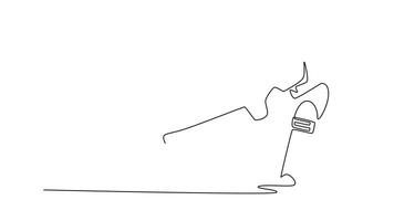 själv teckning animering av enda linje dra aktiva cricket spelare med redskap och hjälm slå de boll med fladdermus i stadion. kondition Träning, prestanda eller spel. kontinuerlig linje. full längd animerad video