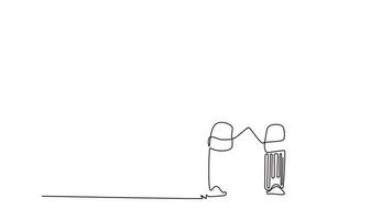 Animated self drawing of continuous line draw male cricketer with protective gear and helmet on the field in batting position. Batsman in action for professional match. Full length one line animation video