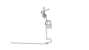 animerad själv teckning av kontinuerlig linje dra aktiva cricket spelare med redskap, hjälm och fladdermus i verkan på professionell match. kondition Träning, prestanda eller spel. full längd enda linje animering video