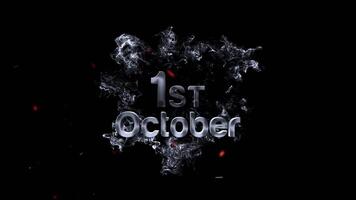 1:a oktober datum text återges i rök effekt med små gnistor mot en svart bakgrund, abstrakt typografi begrepp video
