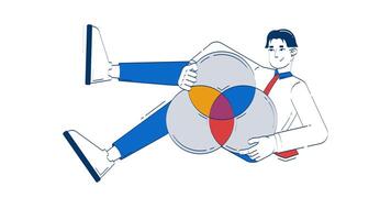 Data analyst presenting Venn diagram doodle animation. Data visualization. Close look at graph. Analytical thinking animated 2D flat cartoon concept, white background. 4K motion graphic video