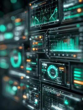 Futuristic interface displaying complex data analysis and metrics in teal and orange photo