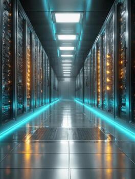 servidor habitación corredor con brillante luces esclarecedor red hardware foto