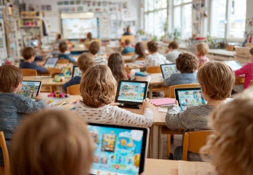 Elementary school students using digital tablets in classroom photo