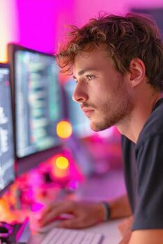 enfocado joven programador codificación en computadora con doble pantalla en moderno oficina foto