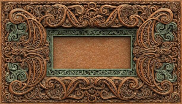 An ornate wooden frame with a green background photo
