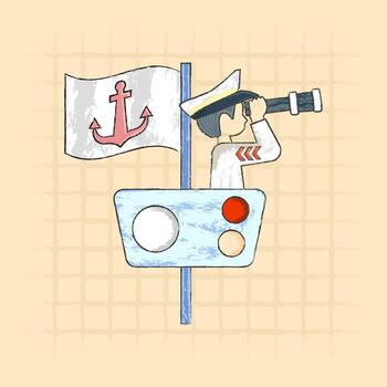 Hand-drawn illustration of a sailor looking through a telescope with nautical elements like anchor flag and control panel, created in a textured, sketchy artistic style. vector