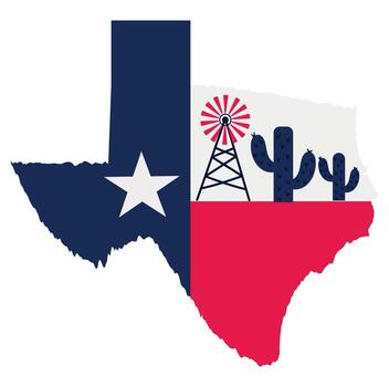 Texas map in flag color. illustration of Texas map in flat style with windmill and cactus vector