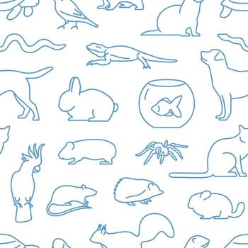 Monochrome seamless pattern with pets drawn with contour lines on white background. Backdrop with domestic animals. illustration in linear style for wrapping paper, wallpaper, textile print. vector