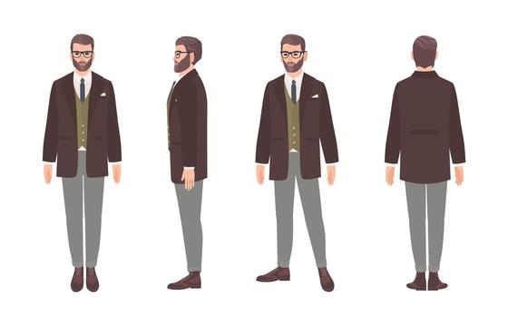 barbado hombre vestido en elegante formal oficina ropa o negocio traje. masculino dibujos animados personaje aislado en blanco antecedentes. frente, lado y espalda puntos de vista. vistoso ilustración en plano estilo. vector