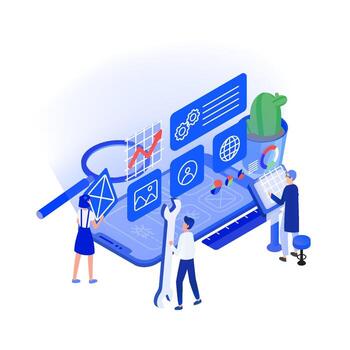 People analyzing data on digital devices vector