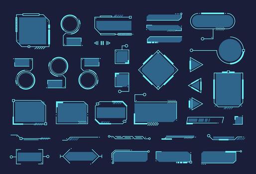 Futuristic interface elements. UI callouts titles. Tech bar labels, circular dashboards, holographic panels, high tech scanning lines, game UI graphic box, HUD frames. set vector