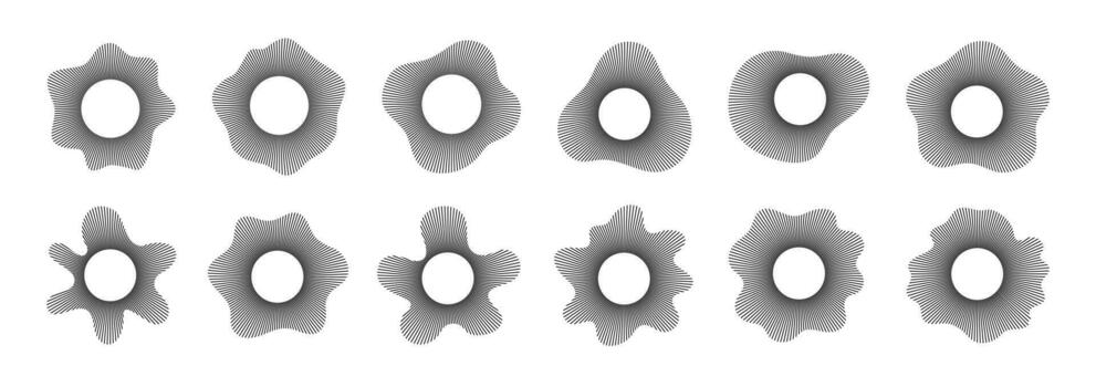 sonido ondas. resumen música igualada. circular líneas dinámica audio visual elementos. ondulado Delgado rayo barras, volumen, forma de onda iconos geométrico radial espectro estalla conjunto vector