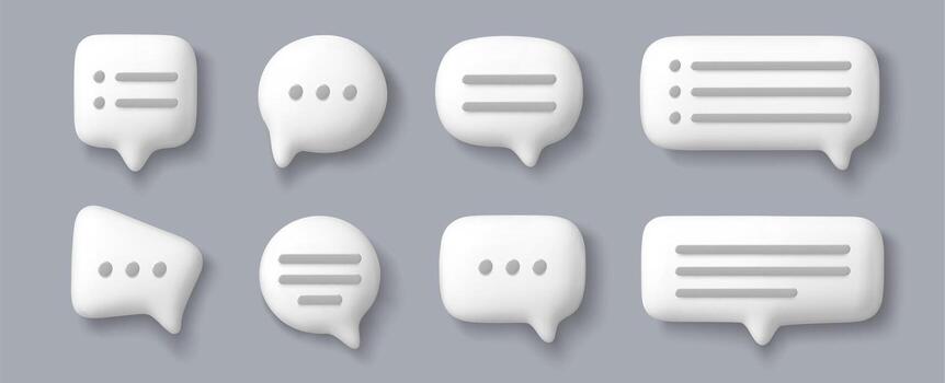 3D message speech bubble. Dialogue bubbles. Realistic rendered communication box elements. Online messenger talk comment balloons in various shapes. Social media chat. set vector