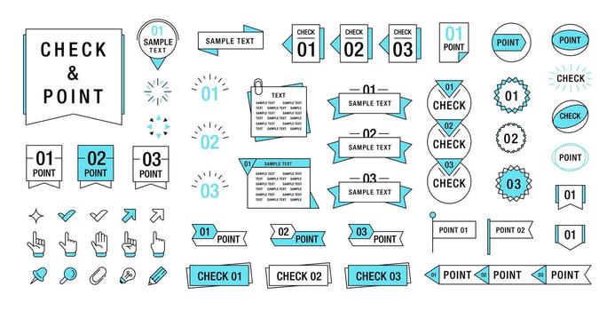 Check and point elements. Minimalist approval and direction symbols. Japanese checkmarks and pointer signs. Simple frame, ribbon, banner, arrow, cursor, finger pointer. set vector