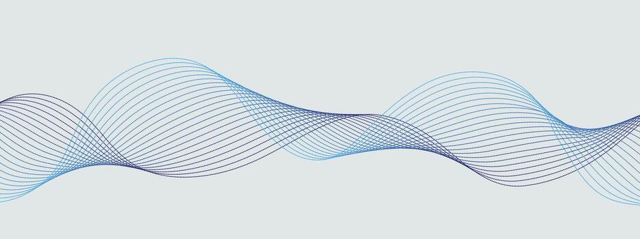 Abstract line wave background. Blue smooth wavy banner. Horizontal poster with flowing dash-dot line wave elements. Curved parallel stroke for tech company, app, music. cover vector