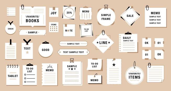Simple note frames. Japanese style memos. Minimal stationery with layouts. Notebooks and memo papers, lined, grid, blank pages, memory stickers. Organization and writing set vector