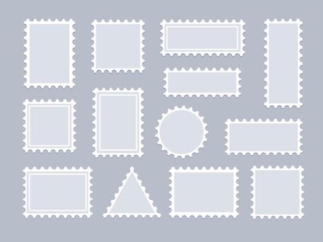 Postage stamp. Post empty stamps frame. Paper postal border with perforated shapes and edge form for mail letter, postcard. Various rectangular, circle, square badge frames. set vector
