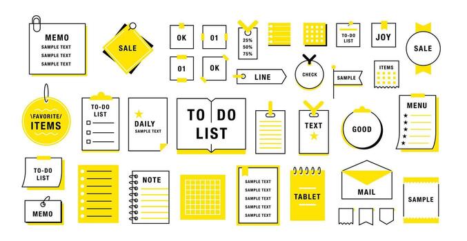 Simple notebook. Japanese style memos. Flat notice frame, decorative paper stationery, notepad. Sticky papers, memory stickers, notes, board sheets, pages. set vector