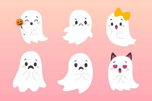 Cute Cartoon Ghost Characters Showing Emotions on a Pastel Gradient Background for Halloween and Autumn Designs, Including Happy, Scared, and Surprised Faces in a Fun and Playful Style vector