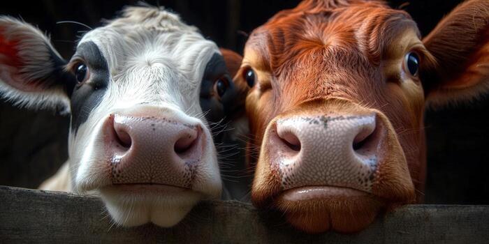 Two curious cows with unique coat patterns stare directly into the camera. photo