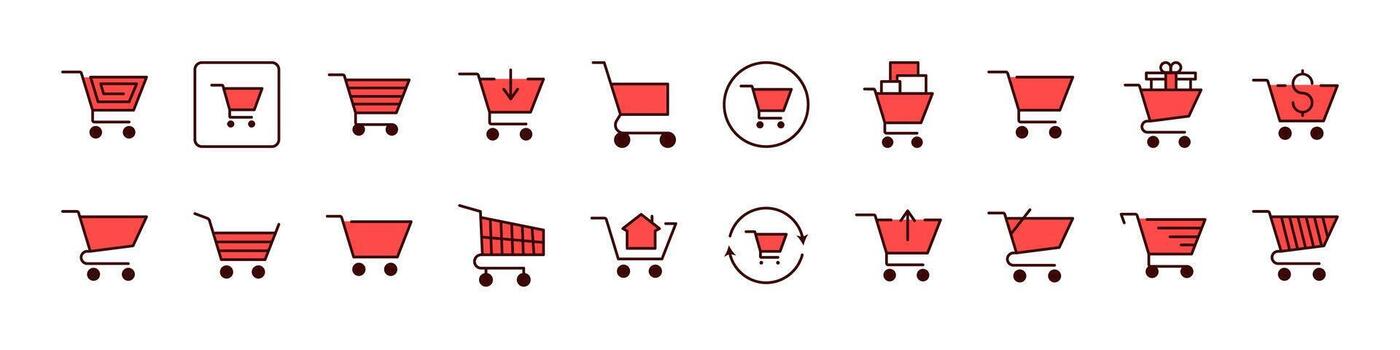 Red Shopping Cart Filled Color Icon Set. Minimalistic Linear Pictogram for Web and Graphic Design, Apps, Banners, Social Network and Cards vector