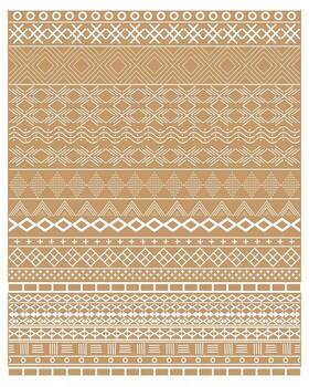 A series of repeating geometric line art patterns in white on a warm beige background, showcasing a variety of designs like lines, shapes, and textures. vector