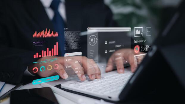 empresario utilizando ai herramientas y grande datos analítica en virtual pantalla a lugar de trabajo. tecnología, negocio inteligencia, digital transformación concepto. foto