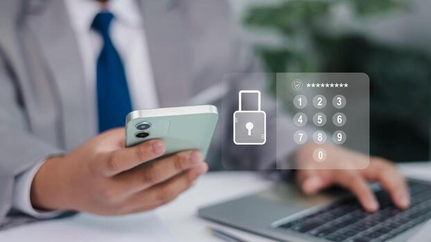 Cyber security technology concept, office background. Businessman entering password on smartphone with security lock interface, PIN password access and digital lock icon. photo