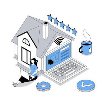 Smart home 3d isometric concept with isometry people design for web. Woman using automation and security system with wireless connection, monitoring and managing house scans. illustration vector