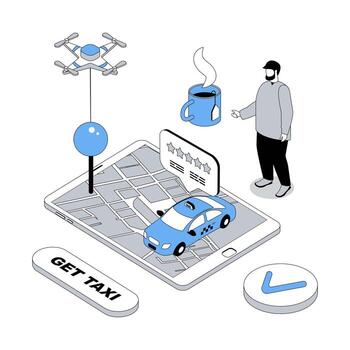 Taxi service 3d isometric concept with isometry people design for web. Man ordering car cab from mobile phone app, using automobile transfer in city, tracking route in online map. illustration vector