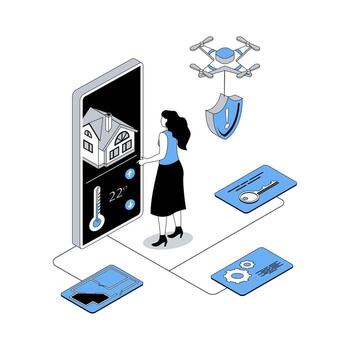 Smart home 3d isometric concept with isometry people design for web. Woman using automation sensor system of house monitoring, wireless remote connection from mobile phone app. illustration vector