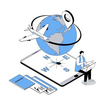 de viaje 3d isométrica concepto con isometria personas diseño para web. hombre planificación verano viaje, utilizando globo y Brújula para rutas, reserva vuelo Entradas en línea con pasaporte. ilustración vector