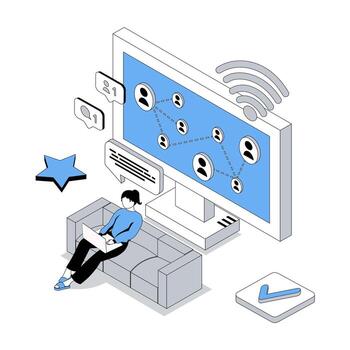 Social network 3d isometric concept with isometry people design for web. Woman connecting online with friends, chatting and sending messages to internet users, getting emails. illustration vector